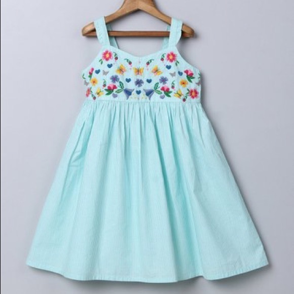 Turquoise Seersucker Embroidered Dress - Picture 3 of 5